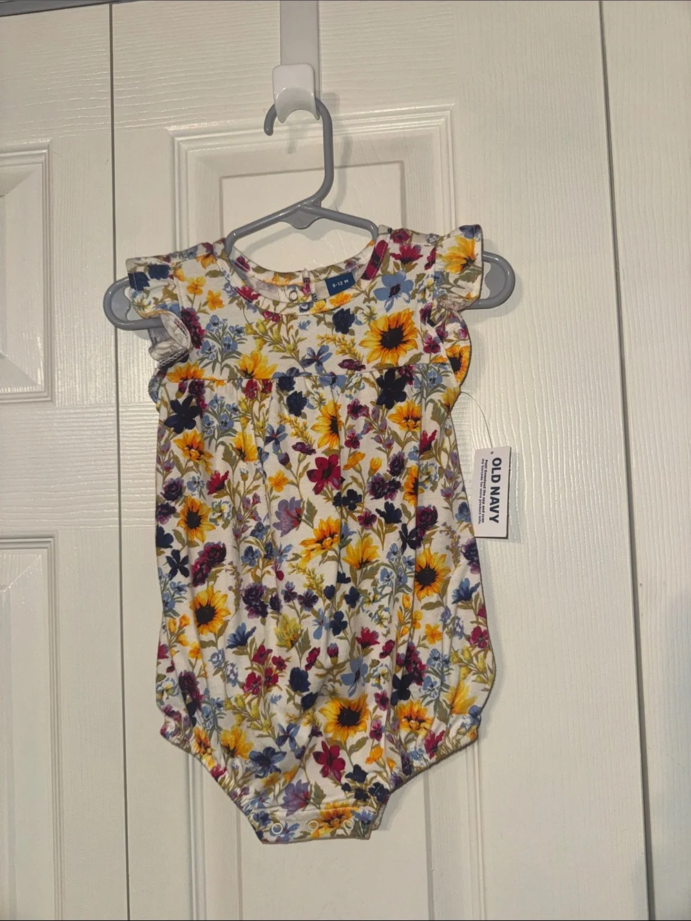 Old Navy White Baby Girl Floral Romper with Yellow & Purple Flowers
